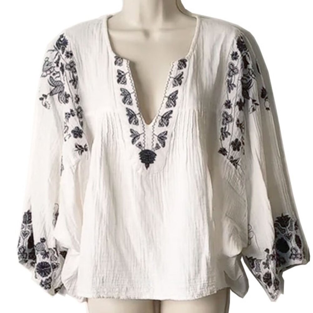 World Market Cotton Gauze Embroidered Batwing Peasant Blouse L/XL White  50off3